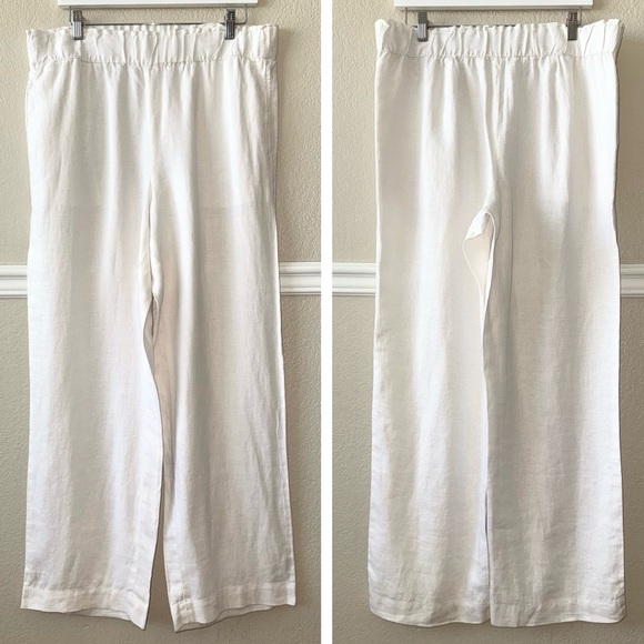Talbots Pants - Talbots 100% Linen Nantucket Wide Leg Pants Crisp White Pull On Elastic Waist L